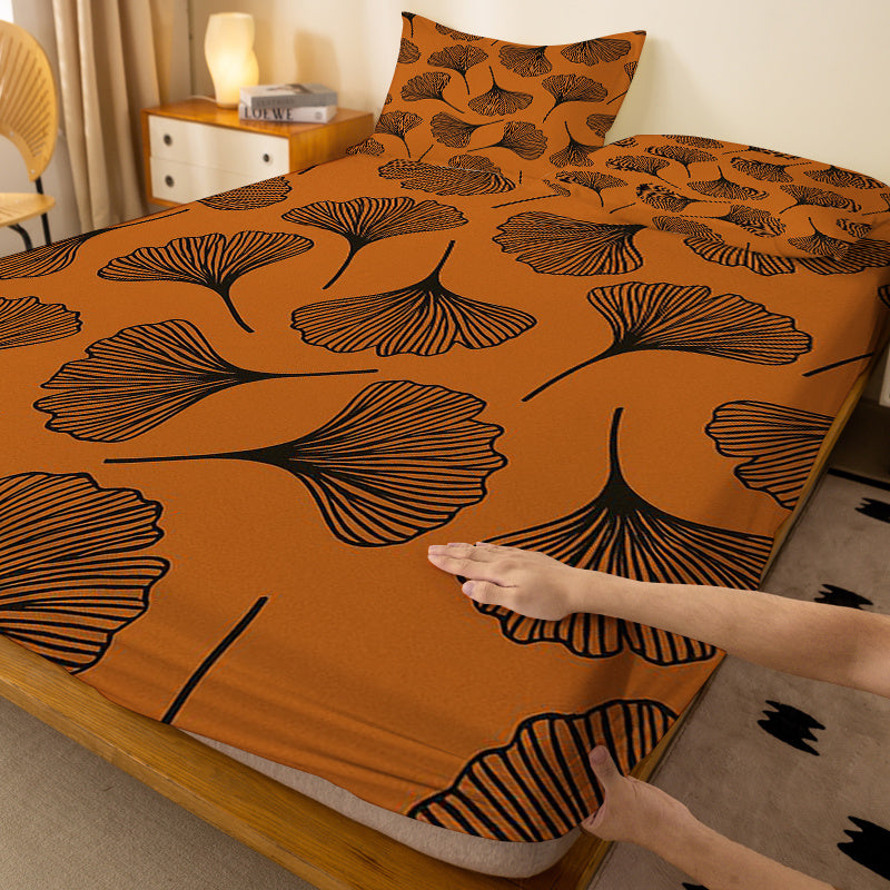 1pc Ginkgo Leaf Pattern Fitted Sheet, Deep Pocket Fitted Sheet, No Pillowcase, Soft Washable Fabric, Comfortable 360° Full Wrap Anti-Slip Mattress Protector for Bedroom, Double Extra Large, Queen Size Bedding, All-Season, Decorative, Machine Washable
