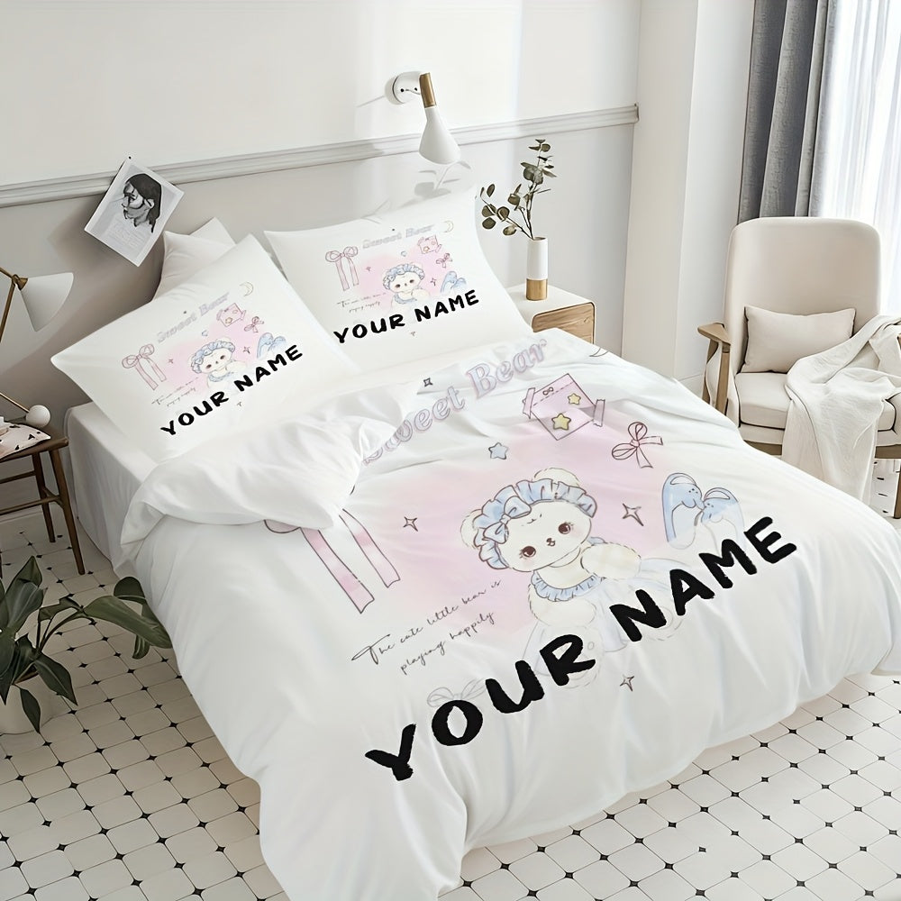 3pcs Bedding with Customizable Text\u002FNames, Featuring Breathable Fabric And a Sweet, Cute Bear Pattern in a Hand-Painted Fresh Style with a Dreamy Theme. The Polyester Duvet Cover Set Is Fade-Resistant And Retains Its Shape, Available in Twin, Full