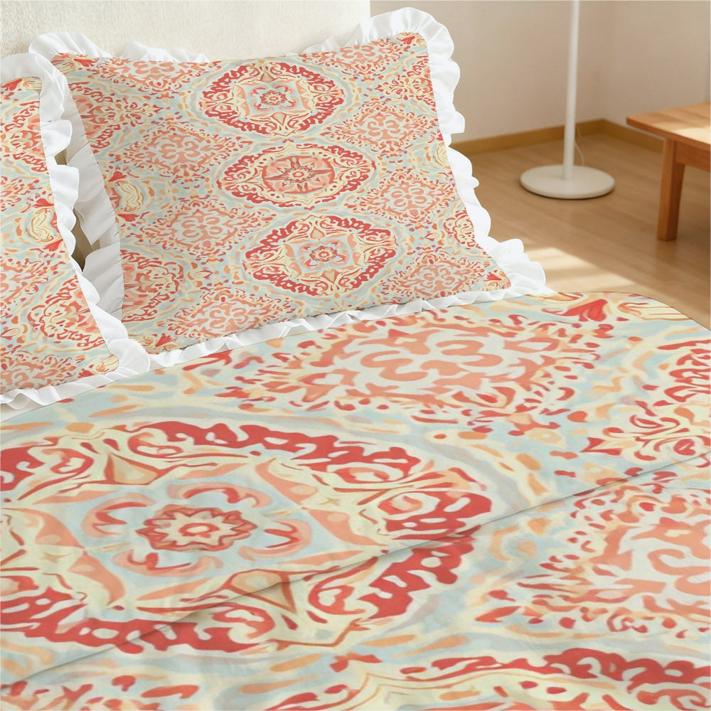 A Vintage Geometric Floral Pattern Duvet Cover Set with Ruffled Edges, Available in Multiple Sizes, Soft And Skin-Friendly, Machine Washable, Suitable for Bedrooms, Guest Rooms, Dormitories, And B&Bs (Includes 1 Duvet Cover + 1\u002F2 Pillowcases