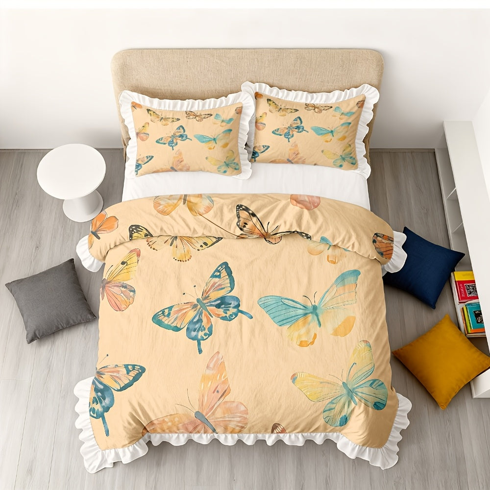 A Set of Watercolor Patterned Duvet Covers with Ruffled Edges, Available in Multiple Sizes, Soft And Skin-Friendly, Machine Washable, Suitable for Bedrooms, Guest Rooms, Dormitories, And Homestays (Includes 1 Duvet Cover + 1\u002F2 Pillowcases
