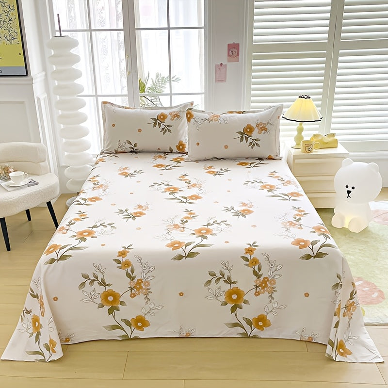 1pc Warm-Toned Yellow Flower Printed Bed Sheet (Pillow Insert and Pillowcase Not Included), Soft, Smooth, Skin-Friendly, and Machine Washable. Suitable for All Seasons, Ideal for Country-Style Bedrooms, Japanese-Themed B&Bs, Artistic Apartments