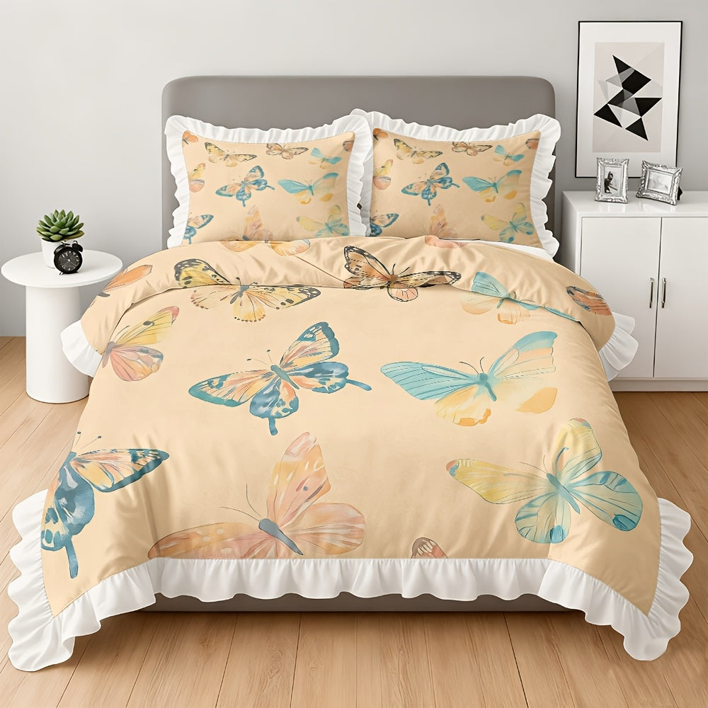 A Set of Watercolor Patterned Duvet Covers with Ruffled Edges, Available in Multiple Sizes, Soft And Skin-Friendly, Machine Washable, Suitable for Bedrooms, Guest Rooms, Dormitories, And Homestays (Includes 1 Duvet Cover + 1\u002F2 Pillowcases