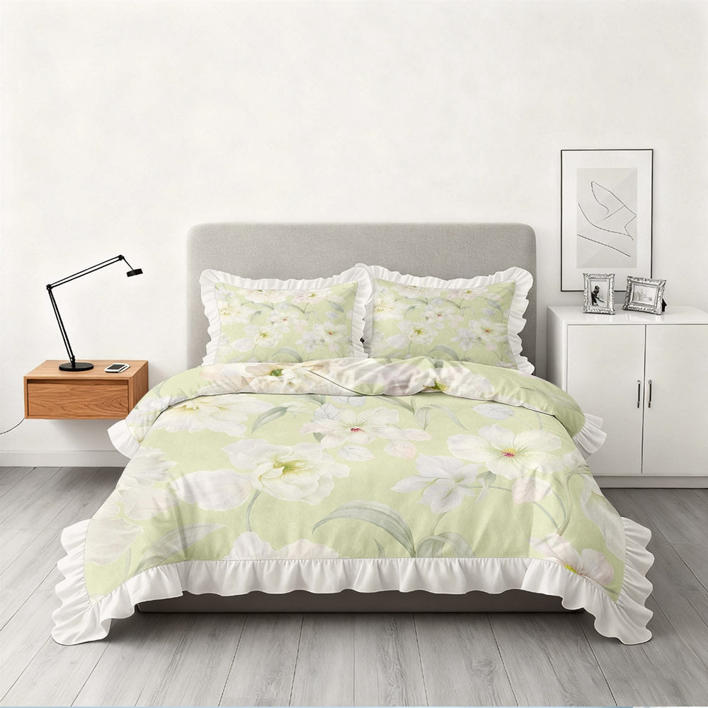 A Set of Light Green Duvet Cover with Floral Patterns And Ruffled Edges, Available in Multiple Sizes, Soft And Skin-Friendly, Machine Washable, Suitable for Bedrooms, Guest Rooms, Dormitories