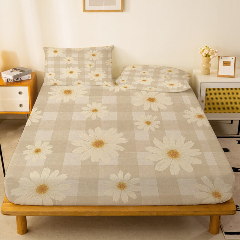 1pc Cream-Colored Daisy Checkered Pattern Fitted Sheet, a Standalone Deep Pocket Fitted Sheet Without Pillowcases, Made of Soft Fabric for a Comfortable Fit, 360° Full Wrap Anti-Slip Mattress Protector Suitable for Bedrooms, Double Extra Large