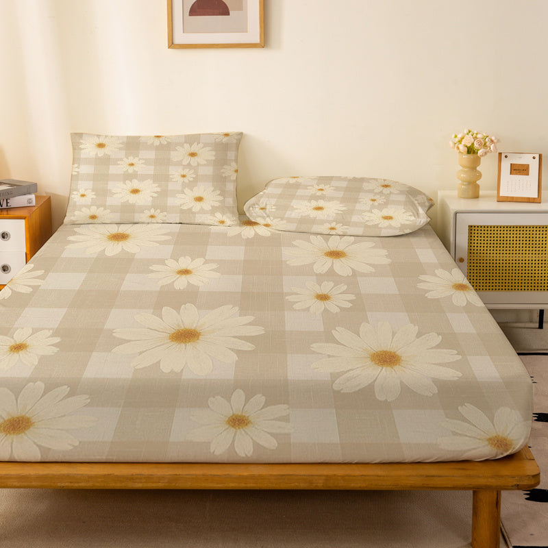 1pc Cream-Colored Daisy Checkered Pattern Fitted Sheet, a Standalone Deep Pocket Fitted Sheet Without Pillowcases, Made of Soft Fabric for a Comfortable Fit, 360° Full Wrap Anti-Slip Mattress Protector Suitable for Bedrooms, Double Extra Large