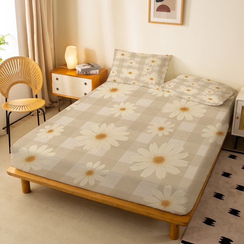 1pc Cream-Colored Daisy Checkered Pattern Fitted Sheet, a Standalone Deep Pocket Fitted Sheet Without Pillowcases, Made of Soft Fabric for a Comfortable Fit, 360° Full Wrap Anti-Slip Mattress Protector Suitable for Bedrooms, Double Extra Large