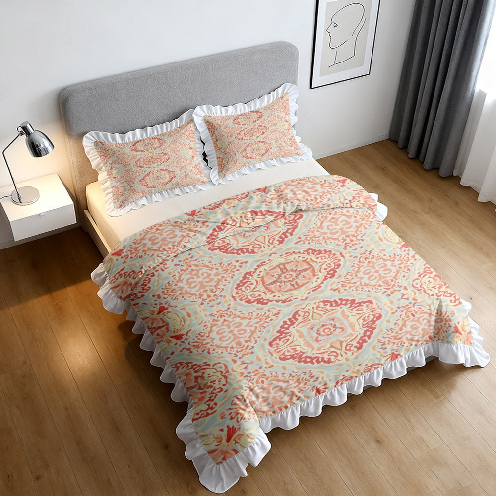 A Vintage Geometric Floral Pattern Duvet Cover Set with Ruffled Edges, Available in Multiple Sizes, Soft And Skin-Friendly, Machine Washable, Suitable for Bedrooms, Guest Rooms, Dormitories, And B&Bs (Includes 1 Duvet Cover + 1\u002F2 Pillowcases