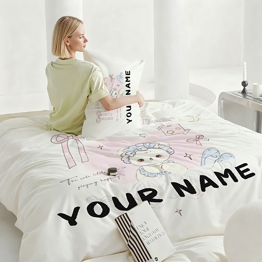 3pcs Bedding with Customizable Text\u002FNames, Featuring Breathable Fabric And a Sweet, Cute Bear Pattern in a Hand-Painted Fresh Style with a Dreamy Theme. The Polyester Duvet Cover Set Is Fade-Resistant And Retains Its Shape, Available in Twin, Full