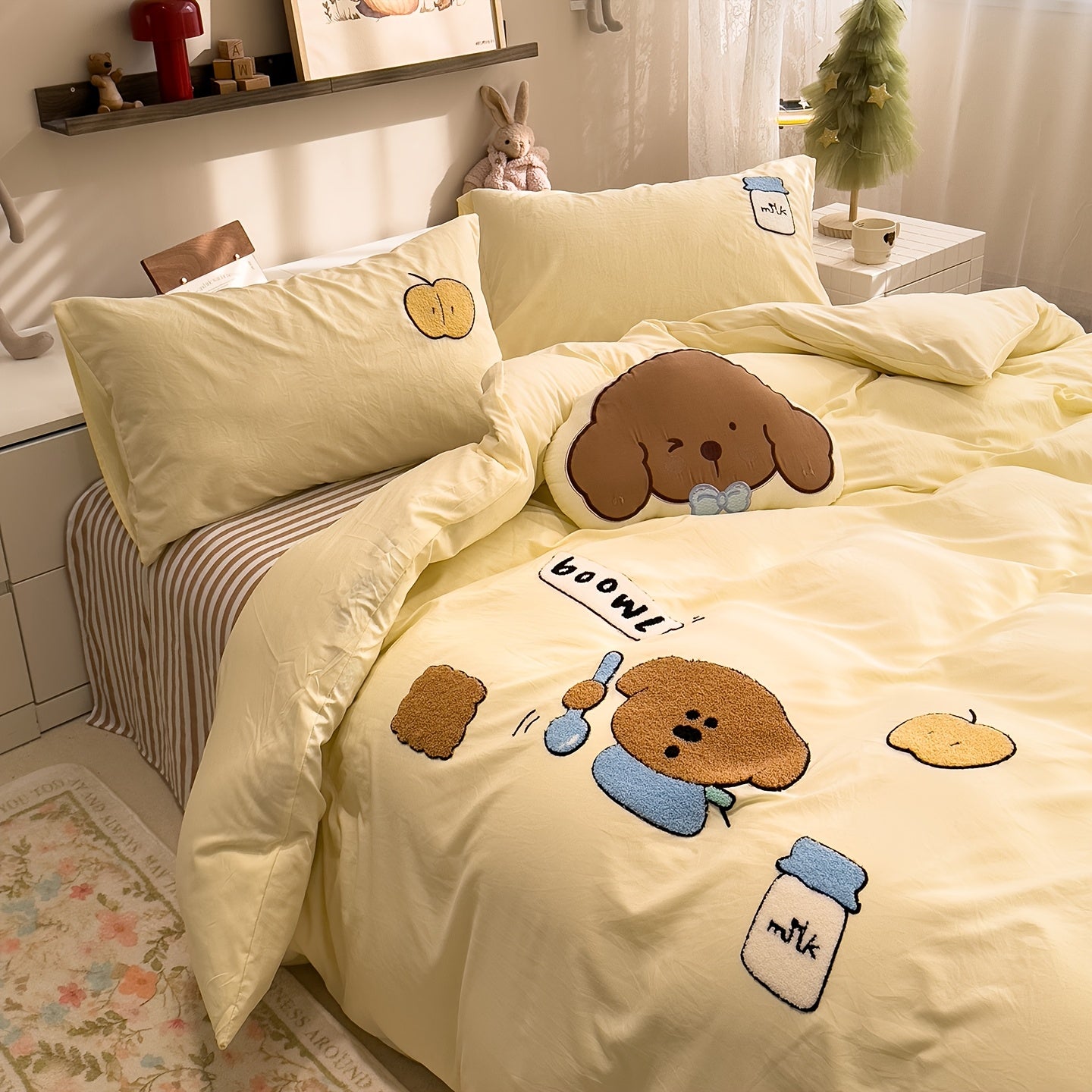 4pcs Cute Anime Cartoon Embroidered Duvet Cover Set (1 Duvet Cover + 1 Bed Sheet + 2 Pillowcases), Soft, Skin-Friendly, Breathable, Machine Washable, Suitable for Bedroom, Dorm, and Hotel Bedding Decor, All-Season Use - Four-Piece Bedding Set, Ideal