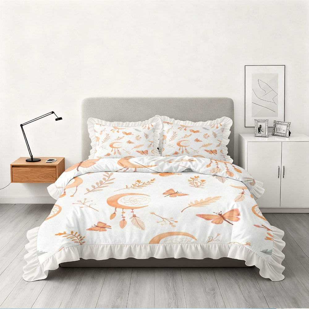 A Set of 2\u002F3 Dreamy Patterned Duvet Covers with Ruffled Edges, Available in Multiple Sizes, Soft And Skin-Friendly, Machine Washable, Suitable for Bedrooms, Guest Rooms, Dormitories, And Homestays (Includes 1 Duvet Cover + 1\u002F2 Pillowcases