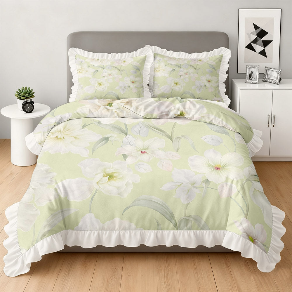 A Set of Light Green Duvet Cover with Floral Patterns And Ruffled Edges, Available in Multiple Sizes, Soft And Skin-Friendly, Machine Washable, Suitable for Bedrooms, Guest Rooms, Dormitories