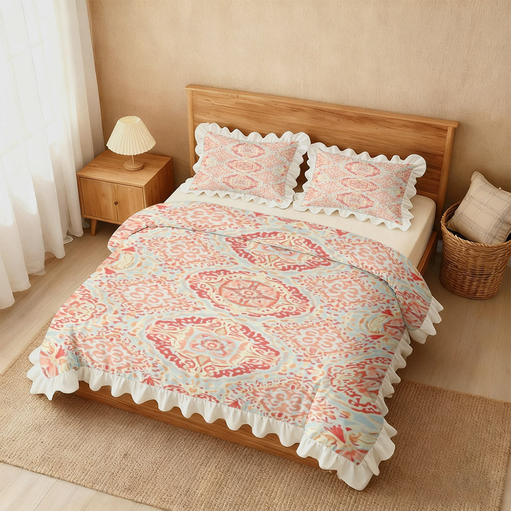 A Vintage Geometric Floral Pattern Duvet Cover Set with Ruffled Edges, Available in Multiple Sizes, Soft And Skin-Friendly, Machine Washable, Suitable for Bedrooms, Guest Rooms, Dormitories, And B&Bs (Includes 1 Duvet Cover + 1\u002F2 Pillowcases