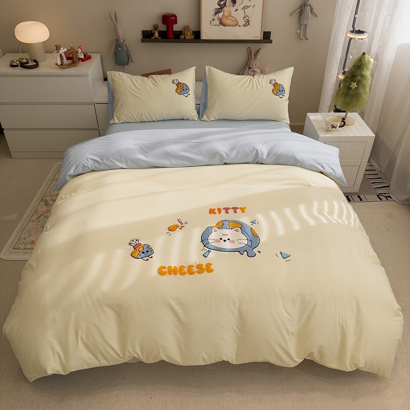 4pcs Cute Anime Cartoon Embroidered Duvet Cover Set (1 Duvet Cover + 1 Bed Sheet + 2 Pillowcases), Soft, Skin-Friendly, Breathable, Machine Washable, Suitable for Bedroom, Dorm, and Hotel Bedding Decor, All-Season Use - Four-Piece Bedding Set, Ideal