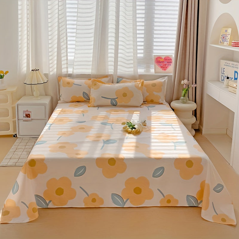 1pc Cozy Yellow Floral Printed Bed Sheet (Excluding Pillow And Pillowcase)