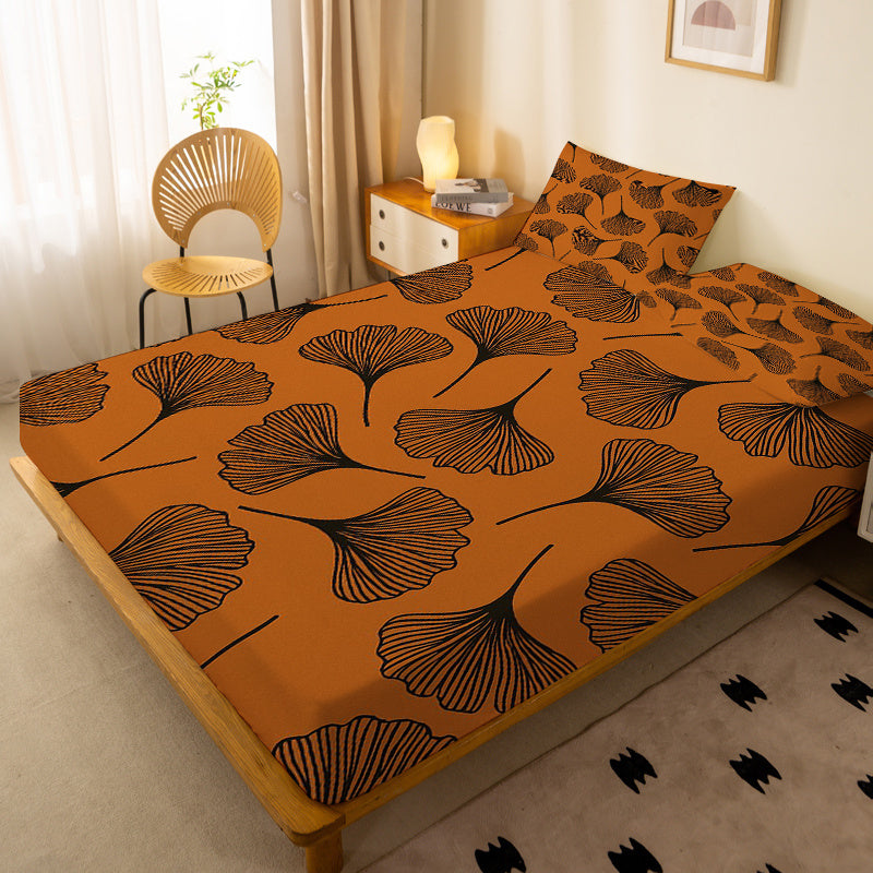 1pc Ginkgo Leaf Pattern Fitted Sheet, Deep Pocket Fitted Sheet, No Pillowcase, Soft Washable Fabric, Comfortable 360° Full Wrap Anti-Slip Mattress Protector for Bedroom, Double Extra Large, Queen Size Bedding, All-Season, Decorative, Machine Washable