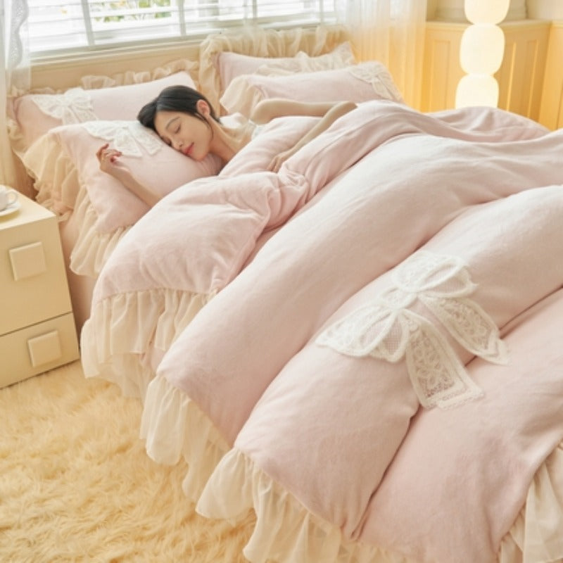 4pcs Thickened Warm Duvet Cover Set, 2024 New Ins-Style Girly Princess Style Patchwork Milk 4pcs Set, Warmth - You Pink