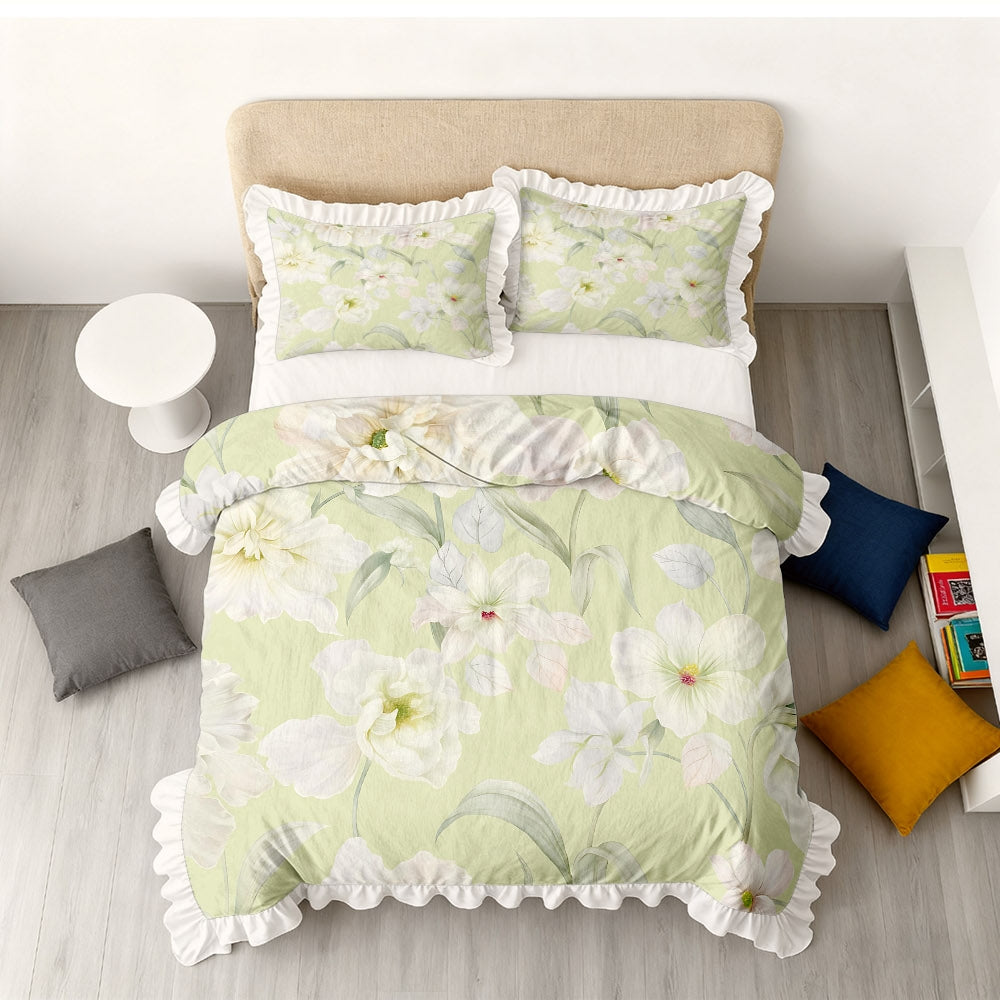 A Set of Light Green Duvet Cover with Floral Patterns And Ruffled Edges, Available in Multiple Sizes, Soft And Skin-Friendly, Machine Washable, Suitable for Bedrooms, Guest Rooms, Dormitories