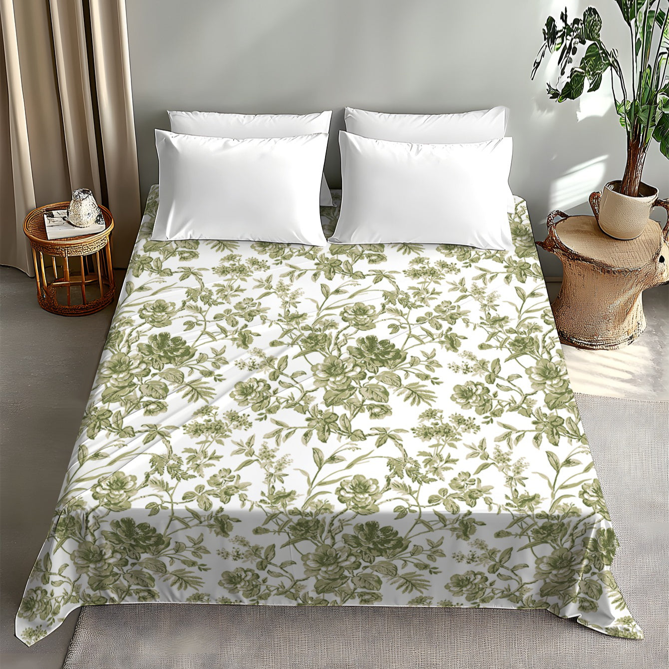 1pc 2D Flat Bed Sheet with Green Floral Pattern Design, Ultra-Soft Brushed Digital Print, Soft and Comfortable, Pillowcase Not Included, Suitable as a Valentine's Day Gift, Birthday Gift, Holiday Gift, for Over a Hundred Applications Such