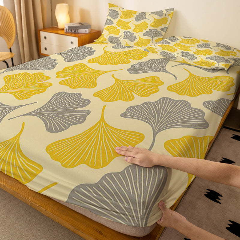 1pc Yellow Gray Ginkgo Leaf Geometric Pattern Fitted Sheet, Single Deep Pocket Fitted Sheet, No Pillowcase, Soft Washable Fabric, Light Beige-Friendly Comfort, 360° Full Wrap Anti-Slip Mattress Protector, Suitable for Bedroom, Double Extra Large