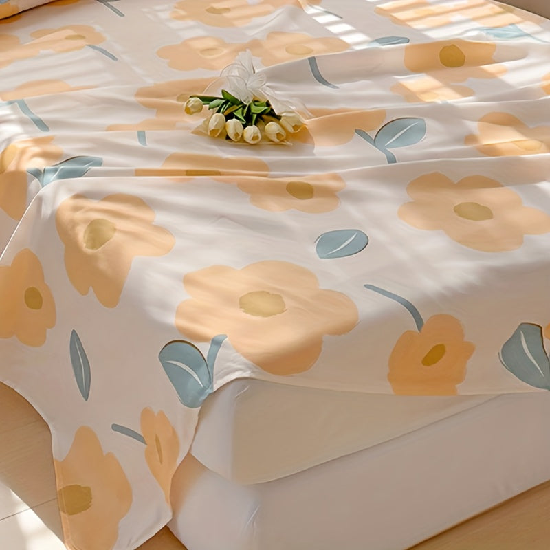 1pc Cozy Yellow Floral Printed Bed Sheet (Excluding Pillow And Pillowcase)