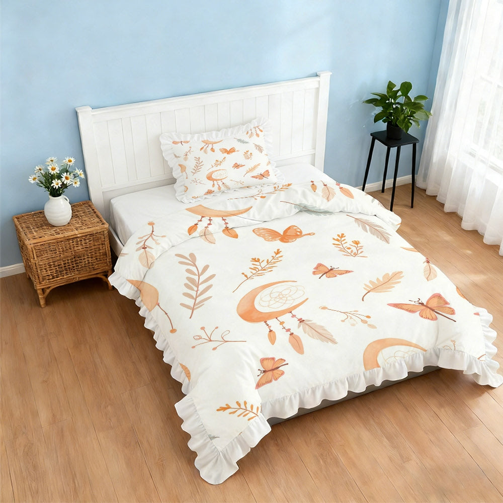 A Set of 2\u002F3 Dreamy Patterned Duvet Covers with Ruffled Edges, Available in Multiple Sizes, Soft And Skin-Friendly, Machine Washable, Suitable for Bedrooms, Guest Rooms, Dormitories, And Homestays (Includes 1 Duvet Cover + 1\u002F2 Pillowcases