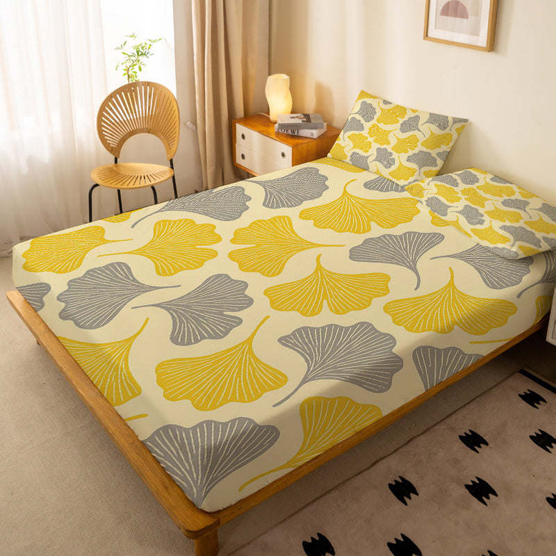 1pc Yellow Gray Ginkgo Leaf Geometric Pattern Fitted Sheet, Single Deep Pocket Fitted Sheet, No Pillowcase, Soft Washable Fabric, Light Beige-Friendly Comfort, 360° Full Wrap Anti-Slip Mattress Protector, Suitable for Bedroom, Double Extra Large