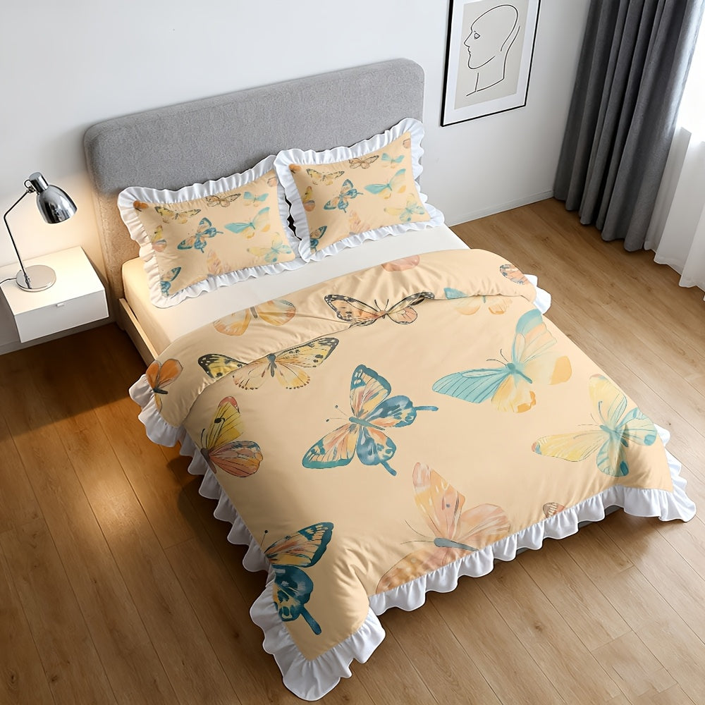 A Set of Watercolor Patterned Duvet Covers with Ruffled Edges, Available in Multiple Sizes, Soft And Skin-Friendly, Machine Washable, Suitable for Bedrooms, Guest Rooms, Dormitories, And Homestays (Includes 1 Duvet Cover + 1\u002F2 Pillowcases