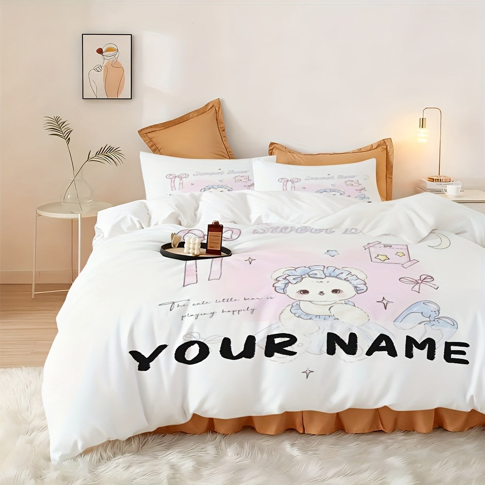 3pcs Bedding with Customizable Text\u002FNames, Featuring Breathable Fabric And a Sweet, Cute Bear Pattern in a Hand-Painted Fresh Style with a Dreamy Theme. The Polyester Duvet Cover Set Is Fade-Resistant And Retains Its Shape, Available in Twin, Full