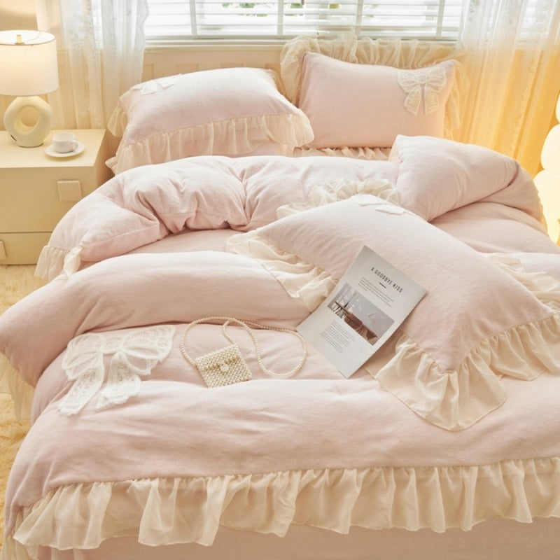 4pcs Thickened Warm Duvet Cover Set, 2024 New Ins-Style Girly Princess Style Patchwork Milk 4pcs Set, Warmth - You Pink