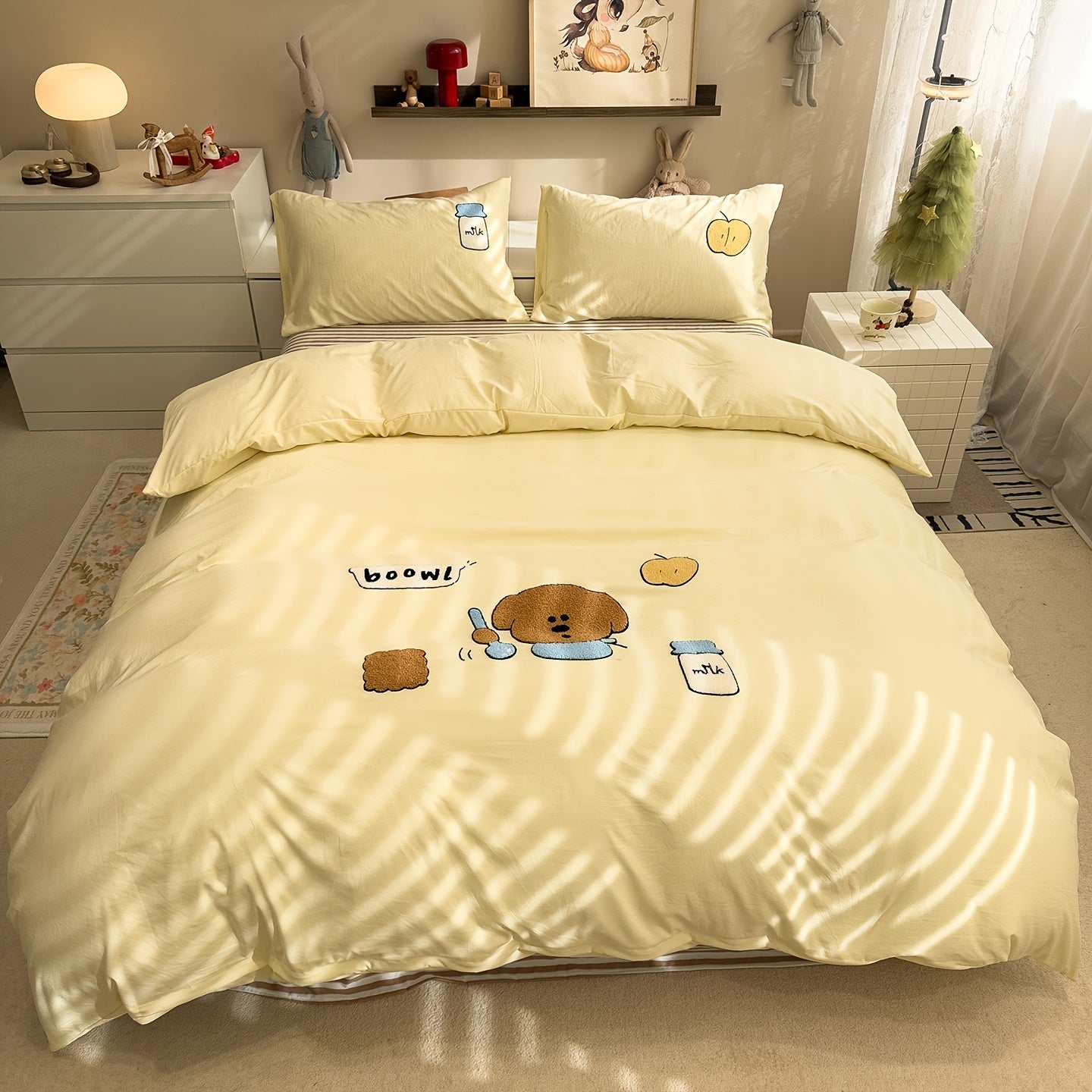 4pcs Cute Anime Cartoon Embroidered Duvet Cover Set (1 Duvet Cover + 1 Bed Sheet + 2 Pillowcases), Soft, Skin-Friendly, Breathable, Machine Washable, Suitable for Bedroom, Dorm, and Hotel Bedding Decor, All-Season Use - Four-Piece Bedding Set, Ideal