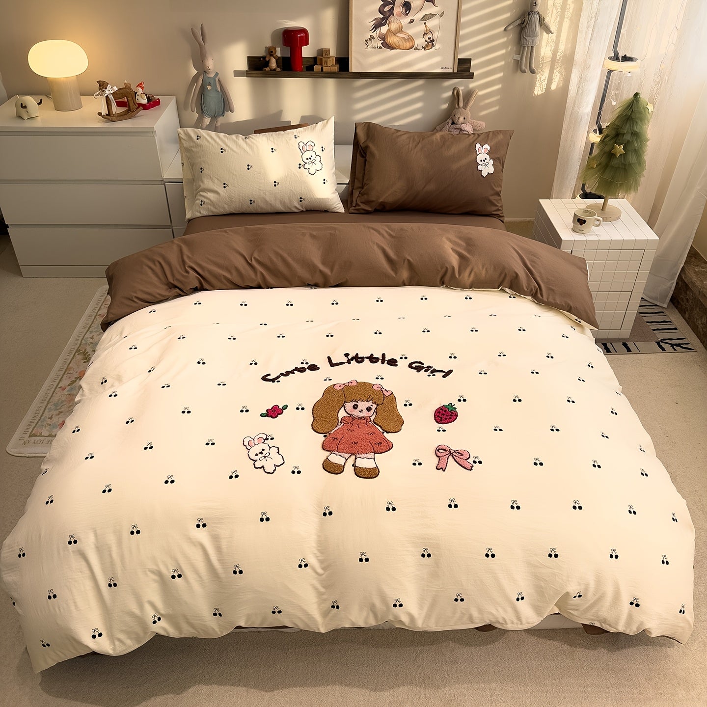 4pcs Cute Anime Cartoon Embroidered Duvet Cover Set (1 Duvet Cover + 1 Bed Sheet + 2 Pillowcases), Soft, Skin-Friendly, Breathable, Machine Washable, Suitable for Bedroom, Dorm, and Hotel Bedding Decor, All-Season Use - Four-Piece Bedding Set, Ideal
