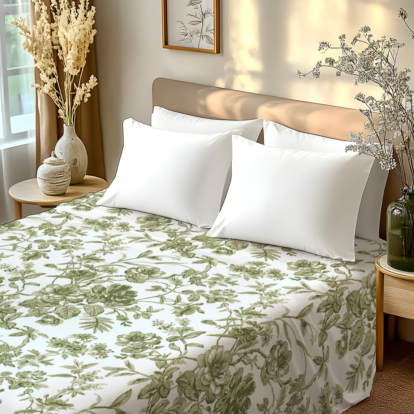 1pc 2D Flat Bed Sheet with Green Floral Pattern Design, Ultra-Soft Brushed Digital Print, Soft and Comfortable, Pillowcase Not Included, Suitable as a Valentine's Day Gift, Birthday Gift, Holiday Gift, for Over a Hundred Applications Such