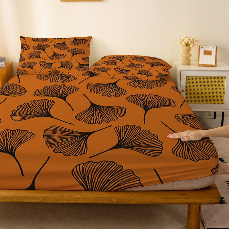 1pc Ginkgo Leaf Pattern Fitted Sheet, Deep Pocket Fitted Sheet, No Pillowcase, Soft Washable Fabric, Comfortable 360° Full Wrap Anti-Slip Mattress Protector for Bedroom, Double Extra Large, Queen Size Bedding, All-Season, Decorative, Machine Washable