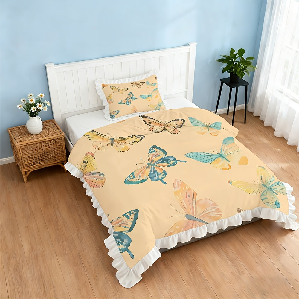 A Set of Watercolor Patterned Duvet Covers with Ruffled Edges, Available in Multiple Sizes, Soft And Skin-Friendly, Machine Washable, Suitable for Bedrooms, Guest Rooms, Dormitories, And Homestays (Includes 1 Duvet Cover + 1\u002F2 Pillowcases