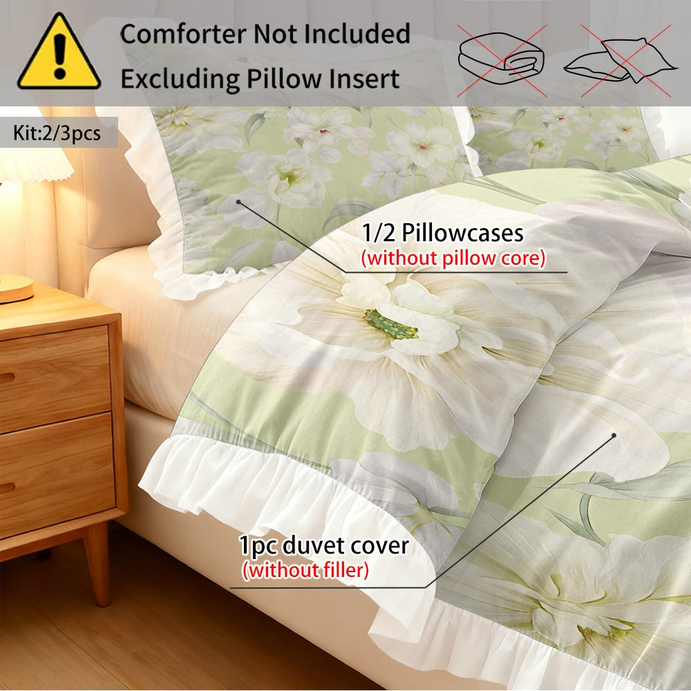 A Set of Light Green Duvet Cover with Floral Patterns And Ruffled Edges, Available in Multiple Sizes, Soft And Skin-Friendly, Machine Washable, Suitable for Bedrooms, Guest Rooms, Dormitories