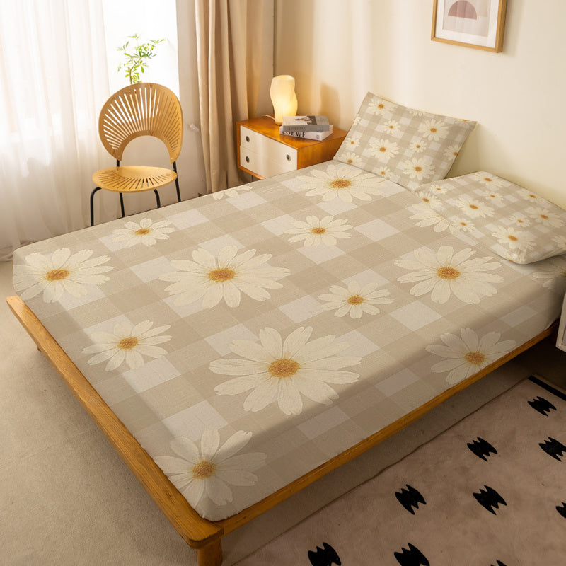 1pc Cream-Colored Daisy Checkered Pattern Fitted Sheet, a Standalone Deep Pocket Fitted Sheet Without Pillowcases, Made of Soft Fabric for a Comfortable Fit, 360° Full Wrap Anti-Slip Mattress Protector Suitable for Bedrooms, Double Extra Large
