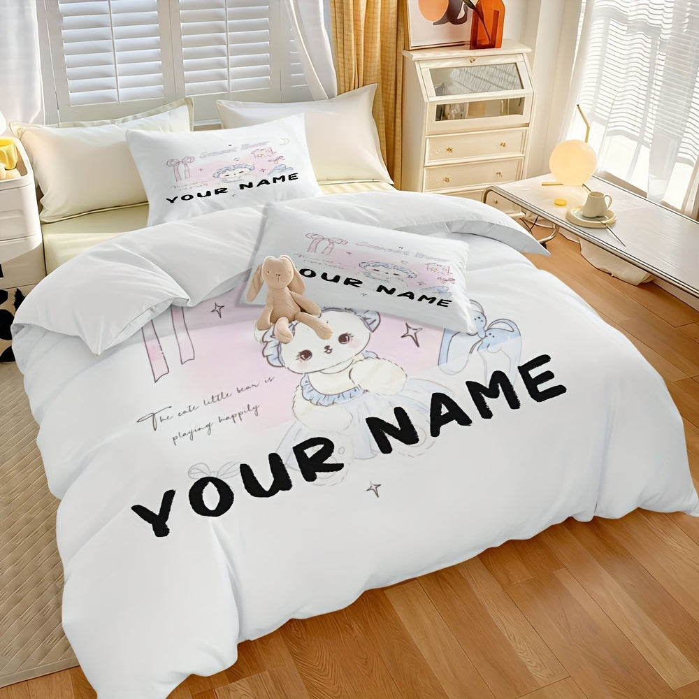 3pcs Bedding with Customizable Text\u002FNames, Featuring Breathable Fabric And a Sweet, Cute Bear Pattern in a Hand-Painted Fresh Style with a Dreamy Theme. The Polyester Duvet Cover Set Is Fade-Resistant And Retains Its Shape, Available in Twin, Full