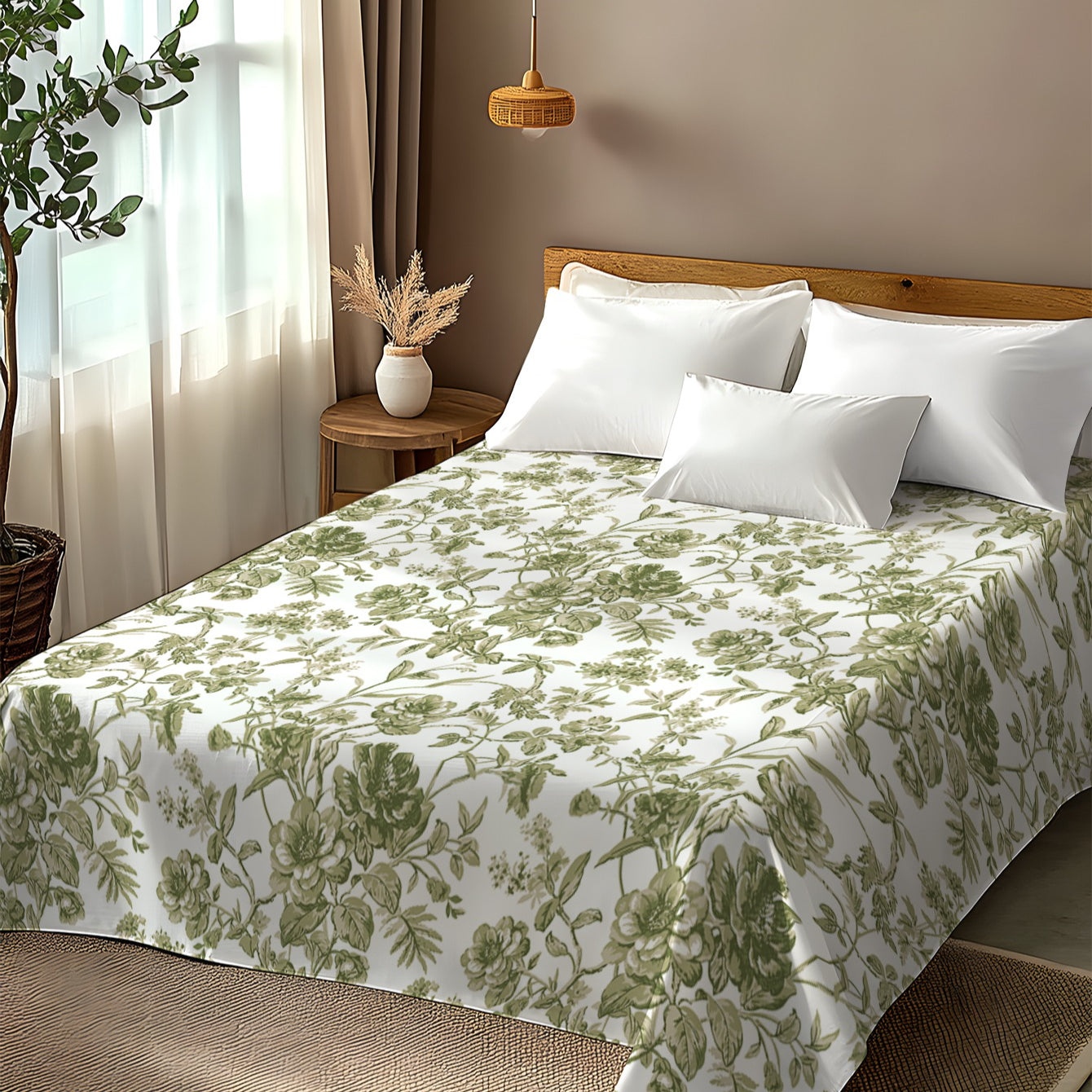 1pc 2D Flat Bed Sheet with Green Floral Pattern Design, Ultra-Soft Brushed Digital Print, Soft and Comfortable, Pillowcase Not Included, Suitable as a Valentine's Day Gift, Birthday Gift, Holiday Gift, for Over a Hundred Applications Such