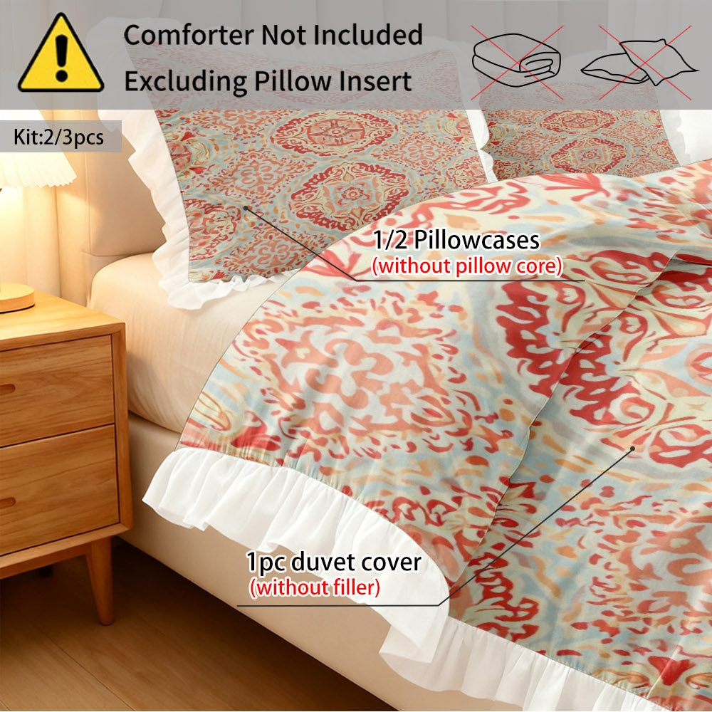 A Vintage Geometric Floral Pattern Duvet Cover Set with Ruffled Edges, Available in Multiple Sizes, Soft And Skin-Friendly, Machine Washable, Suitable for Bedrooms, Guest Rooms, Dormitories, And B&Bs (Includes 1 Duvet Cover + 1\u002F2 Pillowcases