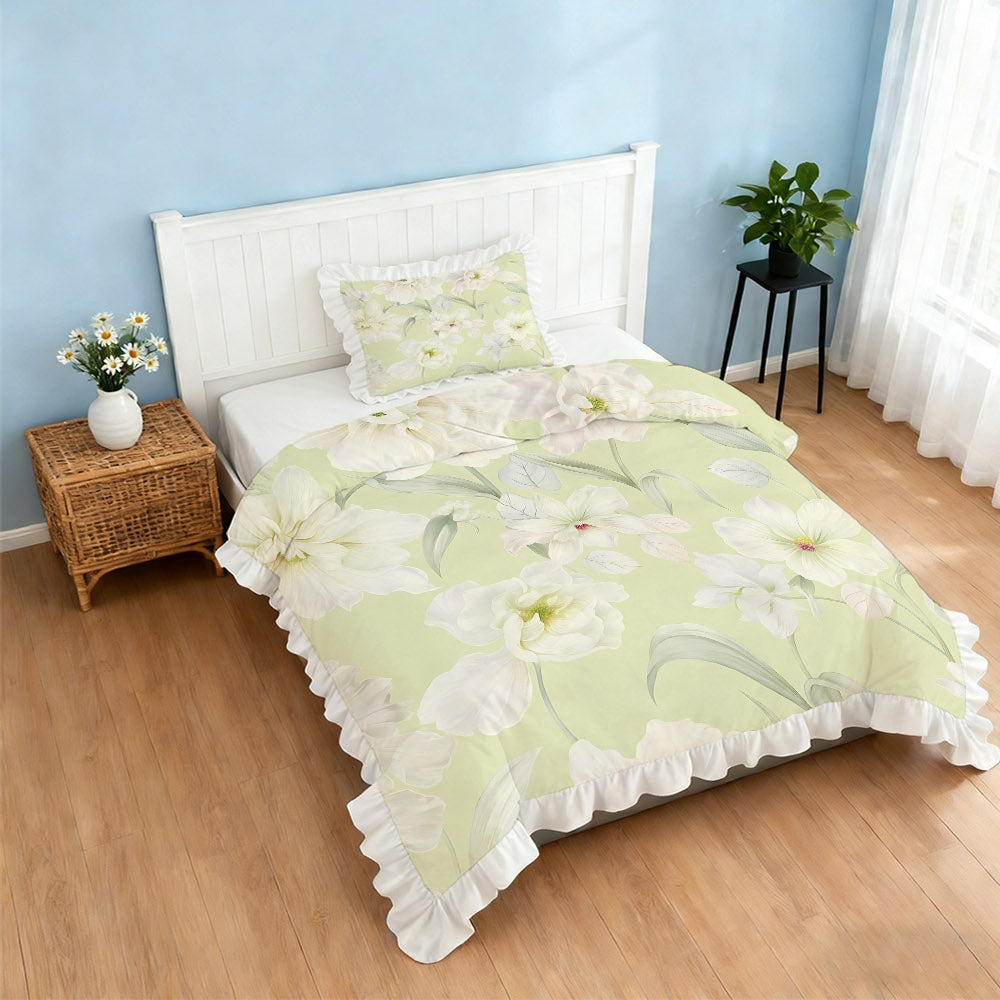 A Set of Light Green Duvet Cover with Floral Patterns And Ruffled Edges, Available in Multiple Sizes, Soft And Skin-Friendly, Machine Washable, Suitable for Bedrooms, Guest Rooms, Dormitories