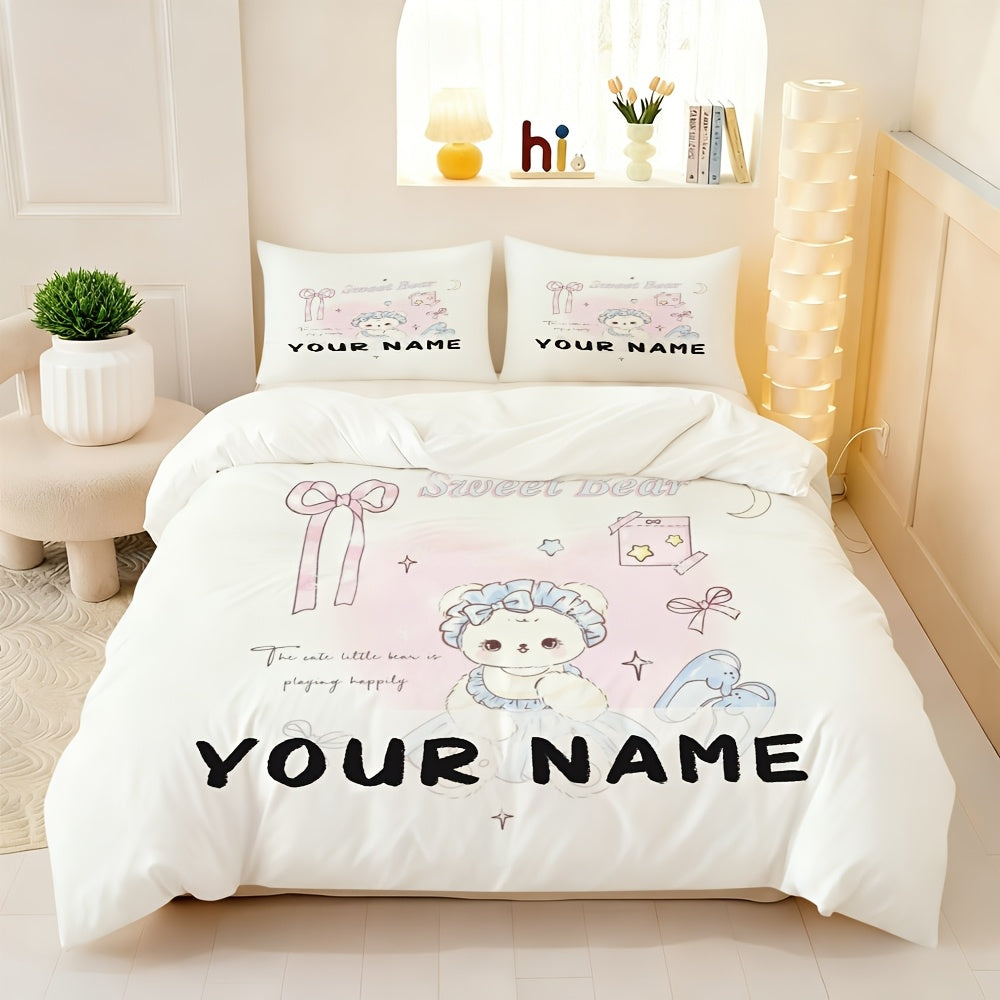 3pcs Bedding with Customizable Text\u002FNames, Featuring Breathable Fabric And a Sweet, Cute Bear Pattern in a Hand-Painted Fresh Style with a Dreamy Theme. The Polyester Duvet Cover Set Is Fade-Resistant And Retains Its Shape, Available in Twin, Full