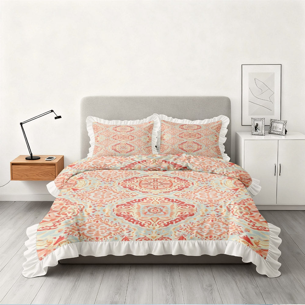 A Vintage Geometric Floral Pattern Duvet Cover Set with Ruffled Edges, Available in Multiple Sizes, Soft And Skin-Friendly, Machine Washable, Suitable for Bedrooms, Guest Rooms, Dormitories, And B&Bs (Includes 1 Duvet Cover + 1\u002F2 Pillowcases