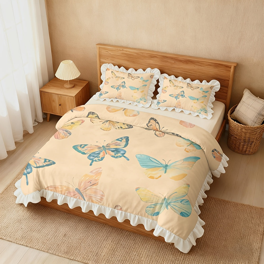 A Set of Watercolor Patterned Duvet Covers with Ruffled Edges, Available in Multiple Sizes, Soft And Skin-Friendly, Machine Washable, Suitable for Bedrooms, Guest Rooms, Dormitories, And Homestays (Includes 1 Duvet Cover + 1\u002F2 Pillowcases