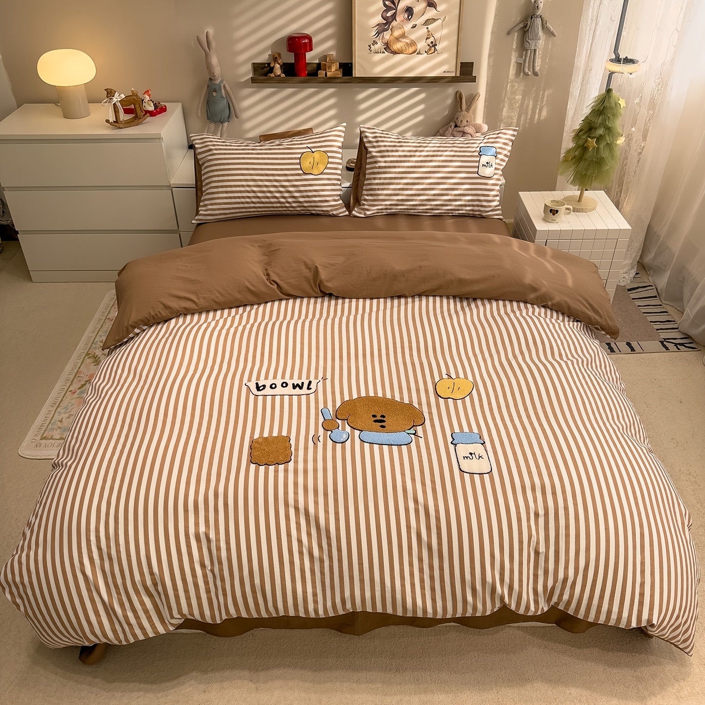 4pcs Cute Anime Cartoon Embroidered Duvet Cover Set (1 Duvet Cover + 1 Bed Sheet + 2 Pillowcases), Soft, Skin-Friendly, Breathable, Machine Washable, Suitable for Bedroom, Dorm, and Hotel Bedding Decor, All-Season Use - Four-Piece Bedding Set, Ideal