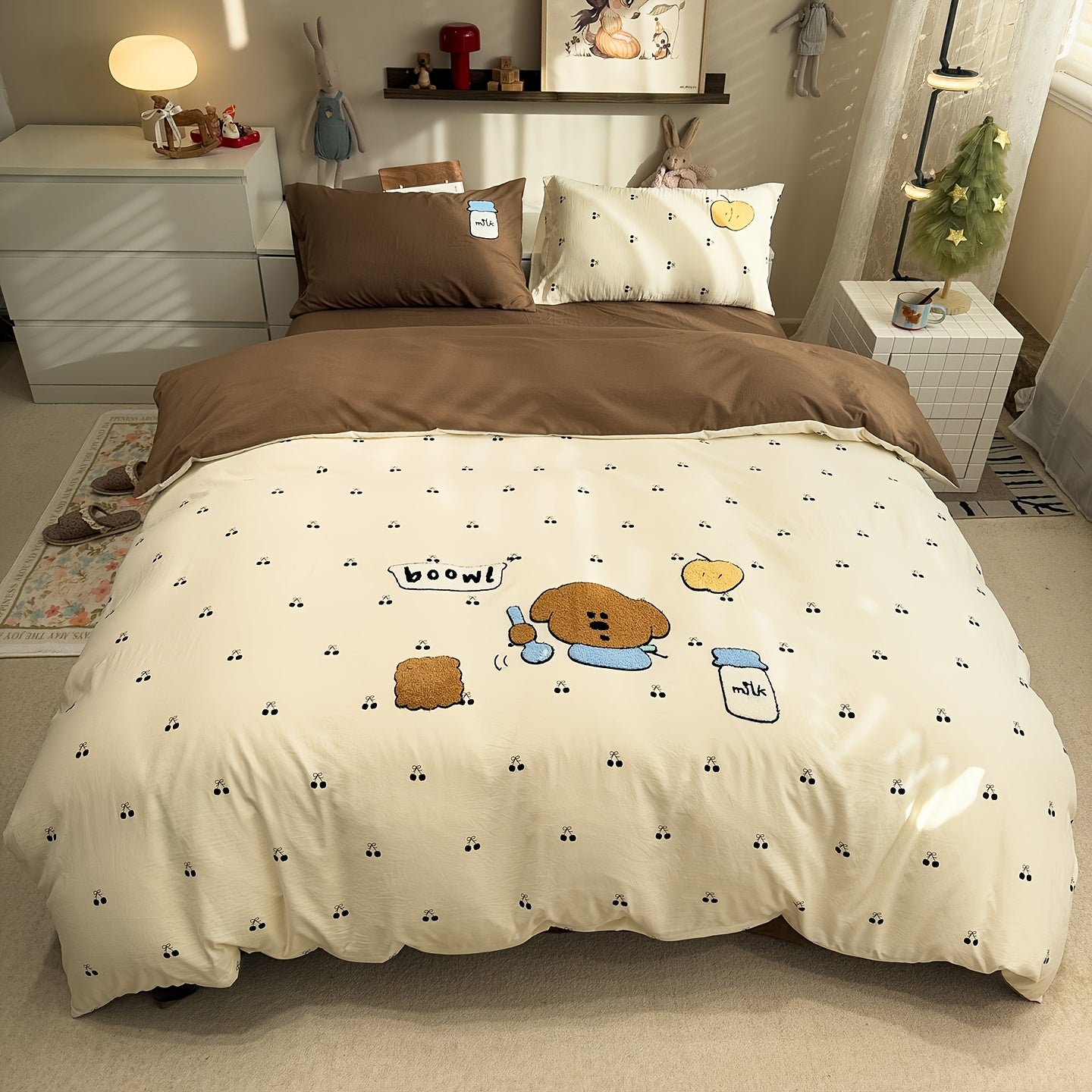 4pcs Cute Anime Cartoon Embroidered Duvet Cover Set (1 Duvet Cover + 1 Bed Sheet + 2 Pillowcases), Soft, Skin-Friendly, Breathable, Machine Washable, Suitable for Bedroom, Dorm, and Hotel Bedding Decor, All-Season Use - Four-Piece Bedding Set, Ideal