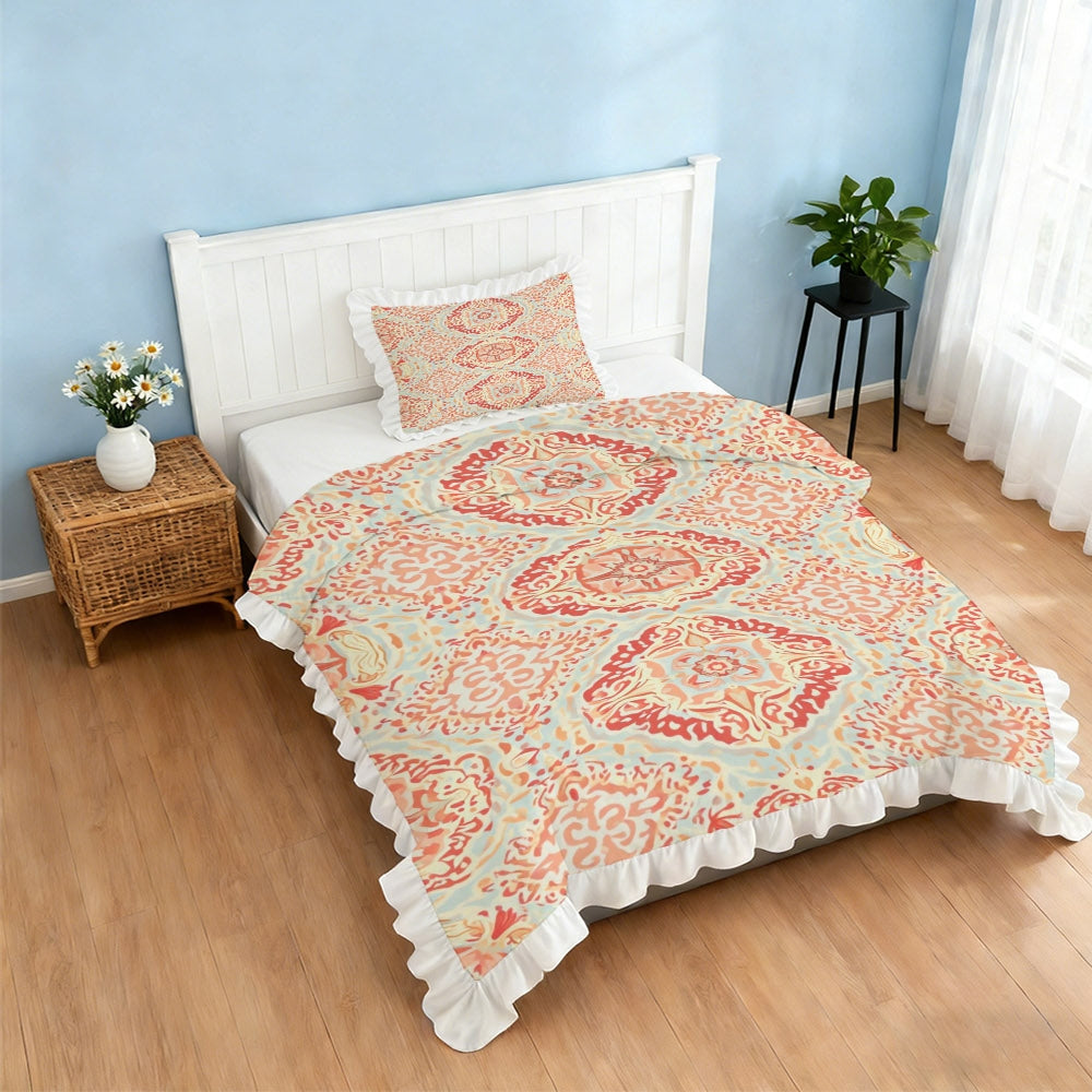 A Vintage Geometric Floral Pattern Duvet Cover Set with Ruffled Edges, Available in Multiple Sizes, Soft And Skin-Friendly, Machine Washable, Suitable for Bedrooms, Guest Rooms, Dormitories, And B&Bs (Includes 1 Duvet Cover + 1\u002F2 Pillowcases