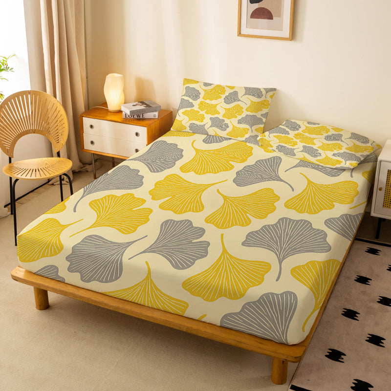 1pc Yellow Gray Ginkgo Leaf Geometric Pattern Fitted Sheet, Single Deep Pocket Fitted Sheet, No Pillowcase, Soft Washable Fabric, Light Beige-Friendly Comfort, 360° Full Wrap Anti-Slip Mattress Protector, Suitable for Bedroom, Double Extra Large