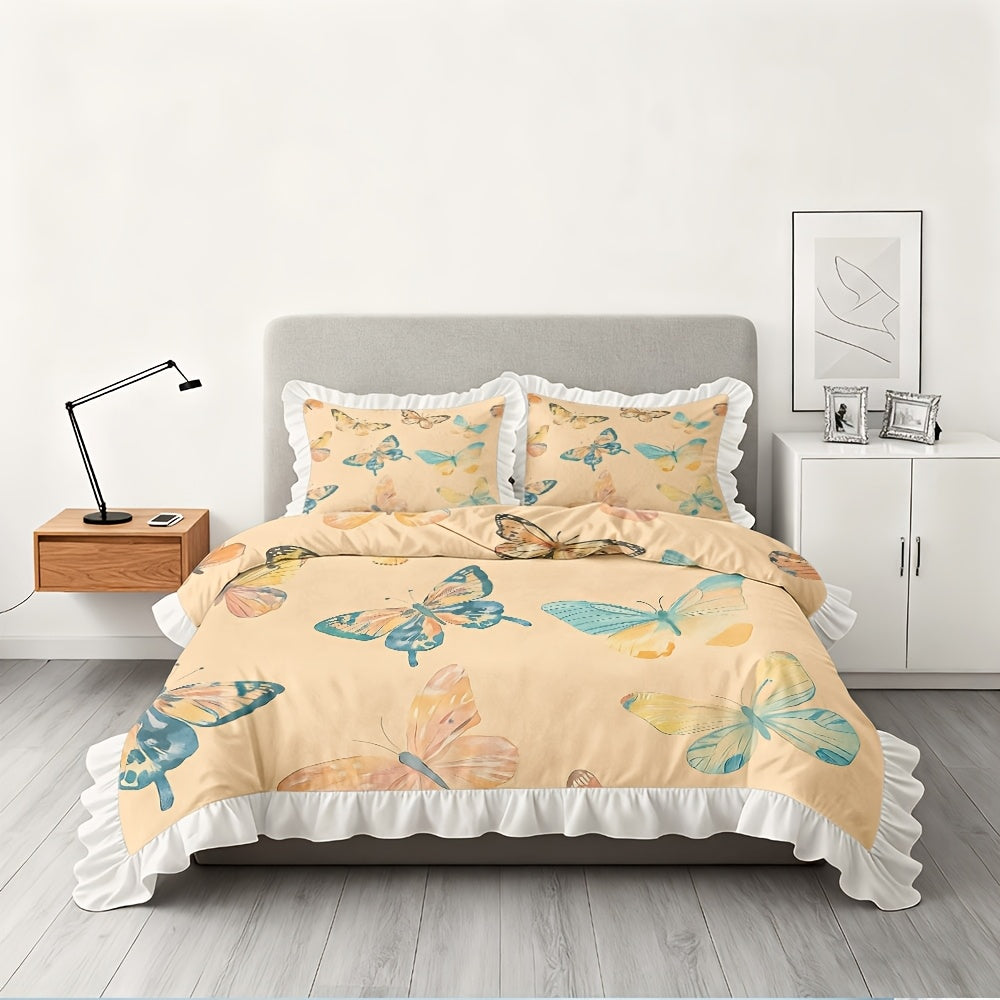 A Set of Watercolor Patterned Duvet Covers with Ruffled Edges, Available in Multiple Sizes, Soft And Skin-Friendly, Machine Washable, Suitable for Bedrooms, Guest Rooms, Dormitories, And Homestays (Includes 1 Duvet Cover + 1\u002F2 Pillowcases
