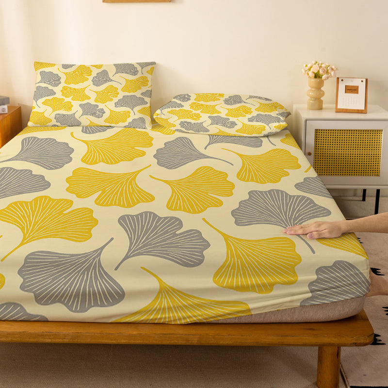 1pc Yellow Gray Ginkgo Leaf Geometric Pattern Fitted Sheet, Single Deep Pocket Fitted Sheet, No Pillowcase, Soft Washable Fabric, Light Beige-Friendly Comfort, 360° Full Wrap Anti-Slip Mattress Protector, Suitable for Bedroom, Double Extra Large