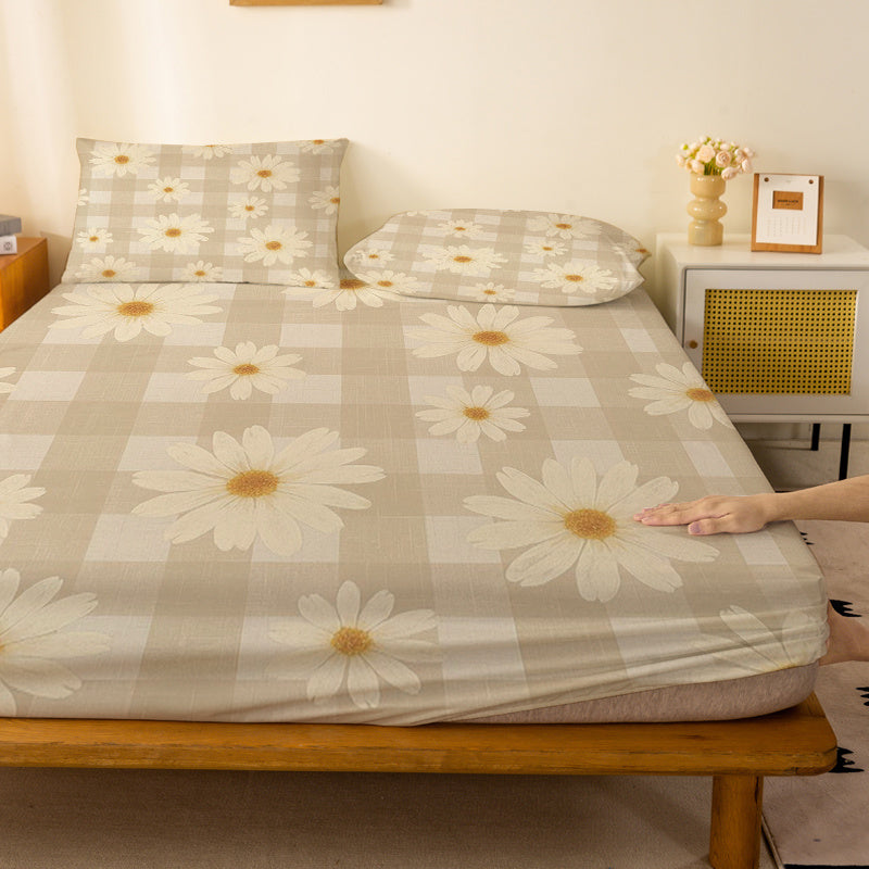 1pc Cream-Colored Daisy Checkered Pattern Fitted Sheet, a Standalone Deep Pocket Fitted Sheet Without Pillowcases, Made of Soft Fabric for a Comfortable Fit, 360° Full Wrap Anti-Slip Mattress Protector Suitable for Bedrooms, Double Extra Large